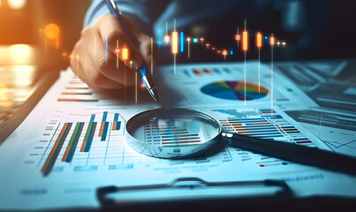 Analyzing business data with graphs and charts for finance management and investment research. A magnifying glass hovers over financial diagrams, symbolizing monitoring and analysis. - obrazy, fototapety, plakaty
