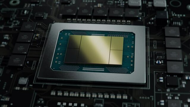 Close-up of Next-generation Artificial Intelligence Acceleration Card for Data Centers and Supercomputers. Isolated Generic Black Circuit Board with Advanced AI Microchip on it. 3D Animation