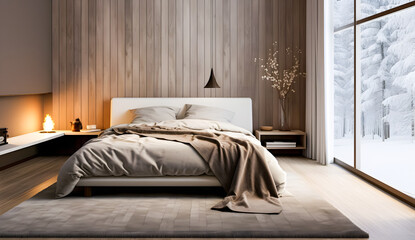 Interior of modern master bedroom with white walls, wooden floor, comfortable king size bed. 3d rendering