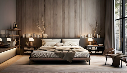 Interior of modern master bedroom with white walls, wooden floor, comfortable king size bed. 3d rendering
