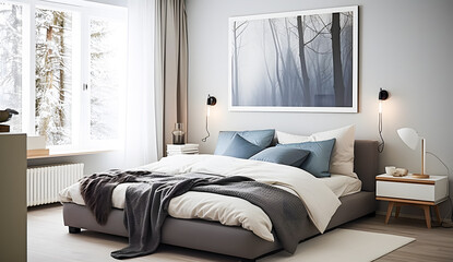 Interior of modern master bedroom with white walls, wooden floor, comfortable king size bed. 3d rendering