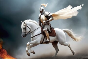 White Arabian horse warrior on a horse in a desert with sword. - obrazy, fototapety, plakaty