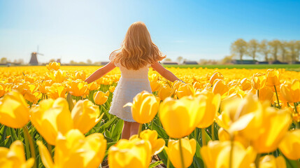 Cute girl in dress walking in the field of yellow tulips windmill in the background. Blue sky sunlight summer day - obrazy, fototapety, plakaty