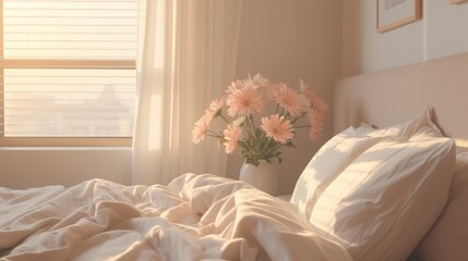 Interior of beautiful modern bedroom with spring flowers, bedroom in soft peach tones