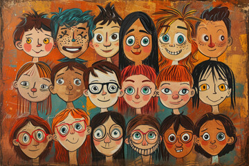 group of happy people with different hair and eyes, cartoon faces
