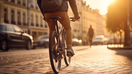 Urban cyclist enjoys a summer sunset bike ride through the city, embracing a healthy and active...
