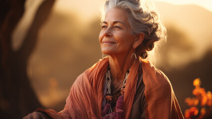 Beautiful elderly woman, happy and healthy, practicing yoga in nature