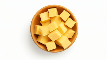 Cubes of cheese in wooden bowl