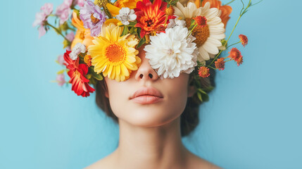 Beautiful young woman with wildflowers covering her head on blue background. Fashion beauty banner for cosmetics makeup mental health concept