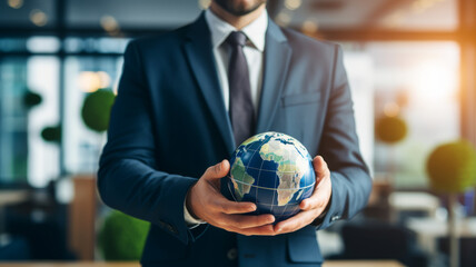 Global Business. A man in a business suit holding a globe in his hands