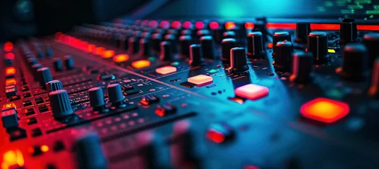 Fotobehang colorful music audio mixing board in closeup of a recording, audio track background in a dark recording,  industrial machinery aesthetics, multimedia, selective focus, brightly colored © Koplexs-Stock