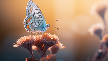 Close-up of a colorful butterfly pollinating a flower in a vibrant summer garden
