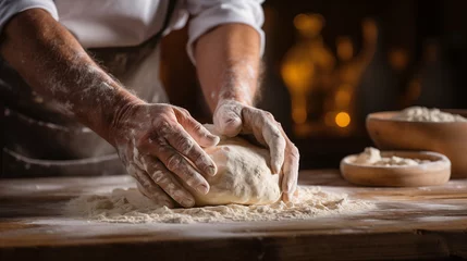 Poster Hands of baker kneading dough isolated on black background. Bakers hands kneading dough for bread © Pakhnyushchyy