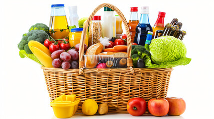 Shopping basket full of variety of grocery products