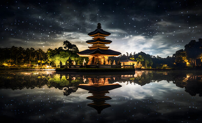 Obraz premium Pura temple at night with starry sky and reflection in water, Nyepi at Bali, Indonesia