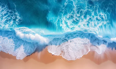 Gordijnen Ocean's Embrace: Aerial Perspective of the Shimmering Shoreline Where Waves Meet Sand in a Mesmerizing Dance, Top view with the drone © augenperspektive