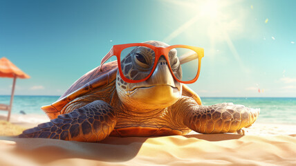 Fototapeta na wymiar Funny turtle with sunglasses.