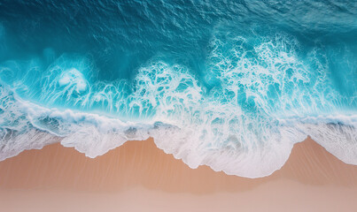 Ocean's Embrace: Aerial Perspective of the Shimmering Shoreline Where Waves Meet Sand in a Mesmerizing Dance, Top view with the drone - obrazy, fototapety, plakaty