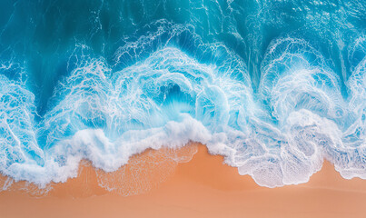 Ocean's Embrace: Aerial Perspective of the Shimmering Shoreline Where Waves Meet Sand in a Mesmerizing Dance, Top view with the drone - obrazy, fototapety, plakaty
