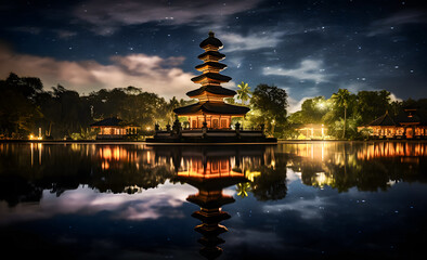 Obraz premium Pura temple at night with starry sky and reflection in water, Nyepi at Bali, Indonesia