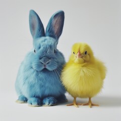 a blue rabbit sits next to a bright yellow chicken on a white background. The object is cut out from the background. Easter holiday concept