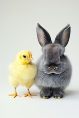 A gray smoky rabbit sits next to a bright yellow chicken on a white background. The object is cut out from the background. Easter holiday concept