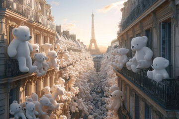 White teddy bears filled the streets of Paris. Valentine's Day, Romantic love concept