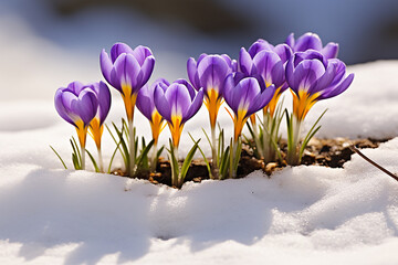 The first spring flowers break through the snow on a sunny day