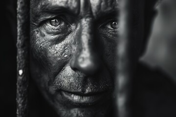 Closeup monochrome portrait of depressed sweaty prisoner behind bars