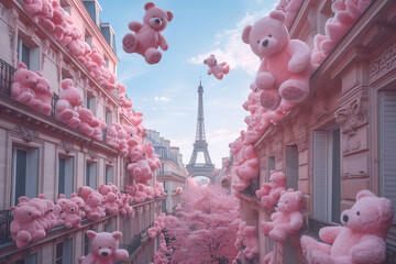Big pink teddy bears filled the streets of Paris. Fantasy romantic, Valentine's Day concept