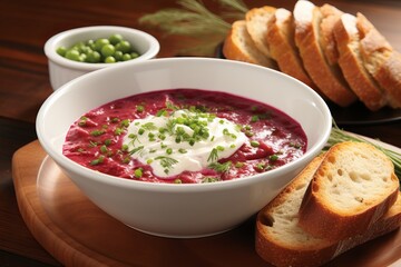 Capture the richness of traditional red borscht with creamy sour cream topping in a vibrant bowl
