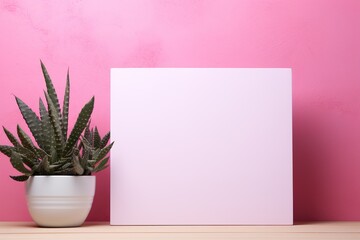 mockup white blank paper sheet with potted succulent on pink background, template empty card for design with copy space