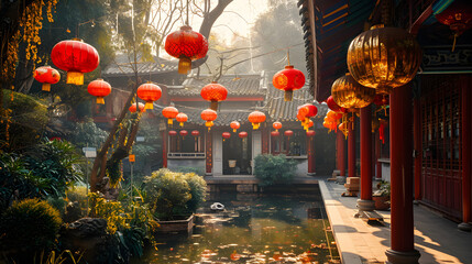 Traditional Chinese Garden with Red Lanterns for New Year
