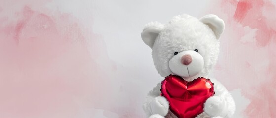 A cute white teddy bear holding a red foil heart, pink and white abstract watercolor background.