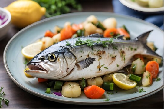 A plate of delicious bluefish recipe with fresh vegetables, lemon, onion  and herbs