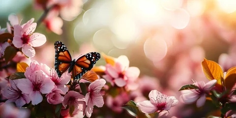 Muurstickers Enchanting Spring Elegance: Close-up of Soft Pink Sakura Flowers and Butterfly in Nature's Radiance © Bartek