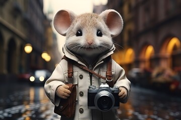 portrait of adorable mouse tourist in a jacket with a camera on evening city street