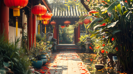 Fototapeta na wymiar Traditional Chinese Garden with Lanterns for Lunar New Year