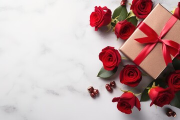 bouquet of red roses and gift box with bow on marble stone background top view, floral template with copy space