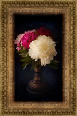 A painting in an antique gilt frame of a bouquet of peonies on a blue background. Still life of peonies in a vase.