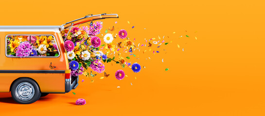 Orange van full of colorful spring flowers on orange background with copy space. 3D Rendering, 3D Illustration