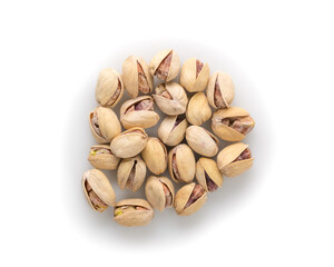 Top view of salted pistachios isolated on white background