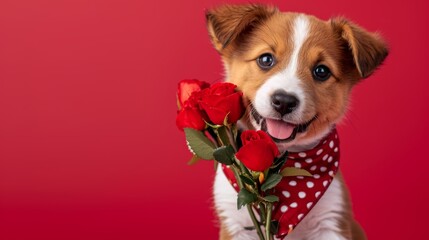 Lovely puppy in heart pattern scarf with roses. - obrazy, fototapety, plakaty