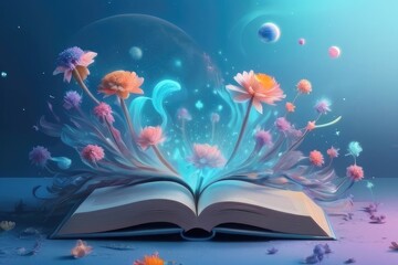 Fototapeta na wymiar open book with growing out of it flowers and space clouds pastel colors under lake.Ai generative