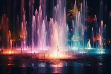 Specially blurred image of colored fountains at night, beautiful bright photos, grainy texture