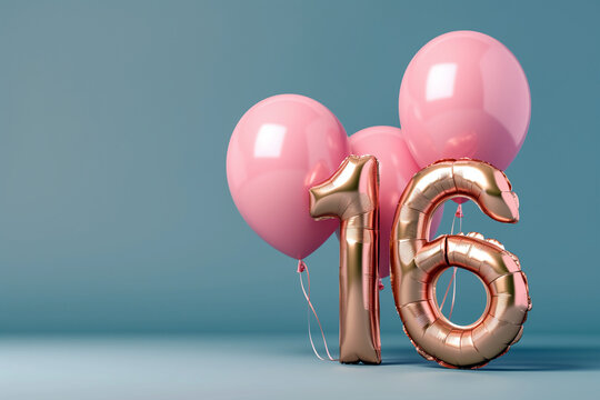 number 16 metallic gold foil balloon with pink bunch, isolated on plain blue studio background with blank copy text space - Powered by Adobe
