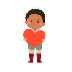 Cartoon little boy holding big red heart. Valentines Day concept.