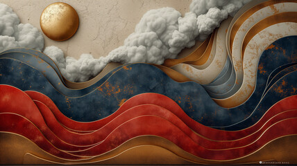 Obraz premium Golden Sun, Clouds, and Layered Waves: A Serene and Dramatic Digital Artwork with Vintage Texture