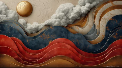 Küchenrückwand glas motiv Golden Sun, Clouds, and Layered Waves: A Serene and Dramatic Digital Artwork with Vintage Texture © Agus Wira