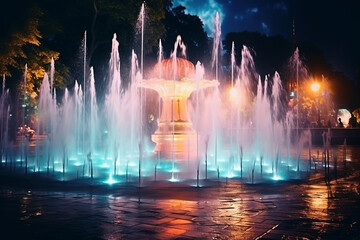 Specially blurred image of colored fountains at night, beautiful bright photos, grainy texture